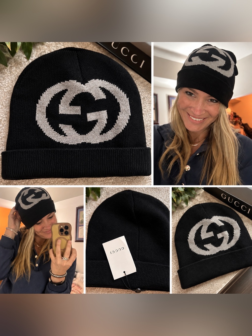 Gucci Black & Gray Knit Beanie with Signature Logo